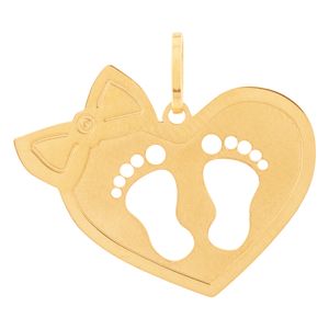 Pingente Ouro 18k 750 Fosco e Liso Coração Pezinho e Laço