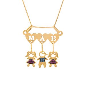 Gargantilha Mãe e Três Filhos Ouro 18k 750 com Rubis Sintéticos e Safiras Sintéticas