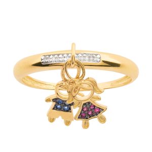 Anel Casal Ouro 18k 750 Safira Sintética e Rubi Sintético