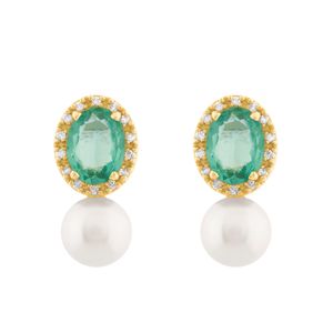 Brinco Ouro 18k 750 Apatita Pérola e Diamantes