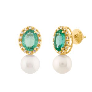 Brinco Ouro 18k 750 Apatita Pérola e Diamantes