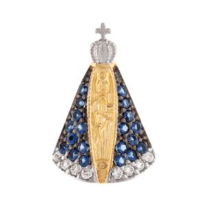 Pingente Nossa Sª com Safiras Sintéticas e Zircônias Ouro 18k 750