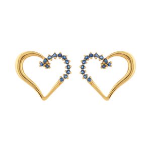 Brinco Coração Vazado Ouro 18k 750 com Safiras