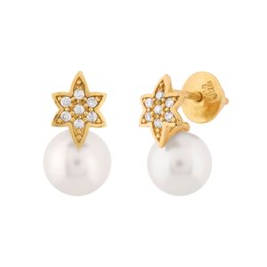 Brinco Estrela Ouro 18k 750 com Pérolas