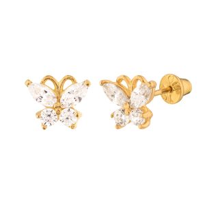 Brinco Infantil Borboleta Zircônia Branca Ouro 18k 750