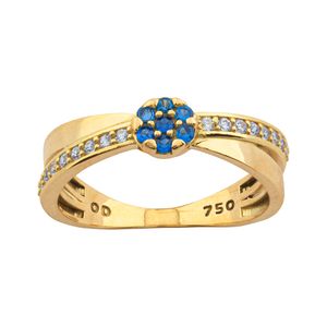Anel Cruzado Safira Sintética e Zircônia Ouro 18k 750