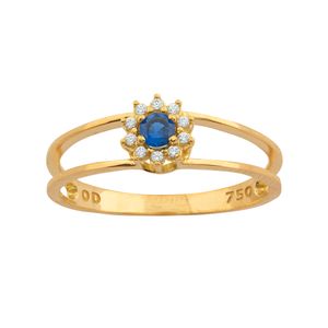 Anel Dois Aros com Safira Sintética e Zircônias Ouro 18k 750