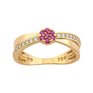 Anel Cruzado Rubi Sintético e Zircônias Ouro 18k 750