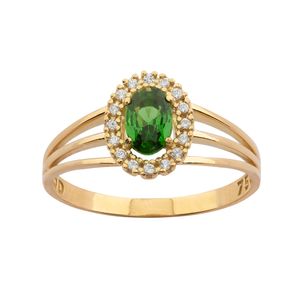 Anel Oval Esmeralda Sintética e Zircônias Ouro 18k 750