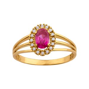 Anel Oval Rubi Sintético e Zircônias Ouro 18k 750