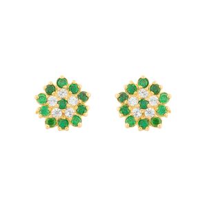 Brinco Flor Esmeraldas Sintéticas e Zircônias Ouro 18k 750