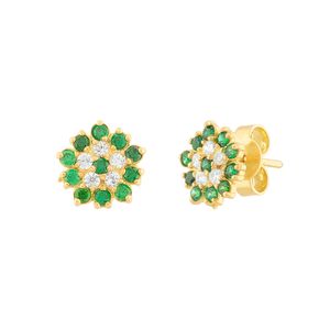 Brinco Flor Esmeraldas Sintéticas e Zircônias Ouro 18k 750