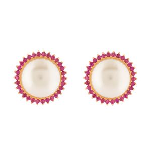 Brinco Ouro 18k 750 Pérolas e Rubis