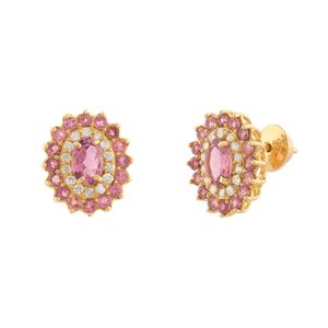 Brinco Oval Turmalinas Rosa e Diamantes Ouro 18k 750