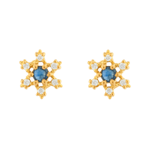 Brinco Ouro 18k 750 Flor Safiras e Diamantes