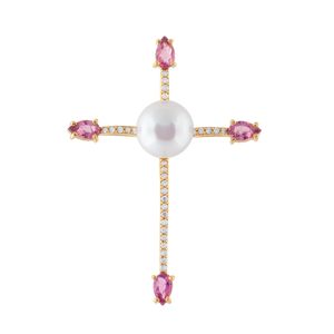 Pingente Cruz Pérola com Diamantes e Turmalinas Rosa Ouro 18k 750