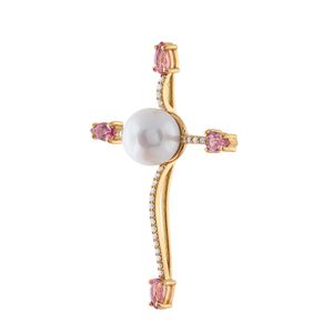 Pingente Cruz Pérola com Diamantes e Turmalinas Rosa Ouro 18k 750