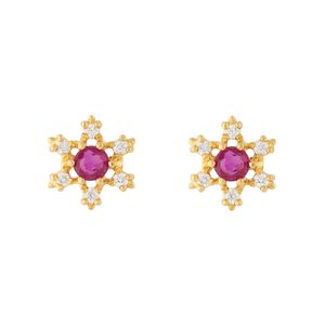 Brinco Flor Ouro 18k 750 com Rubi e Diamantes