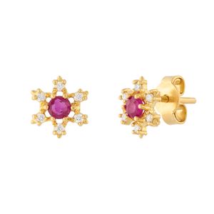 Brinco Flor Ouro 18k 750 com Rubi e Diamantes