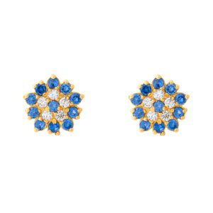 Brinco Flor Safiras Sintéticas e Zircônias Ouro 18k 750