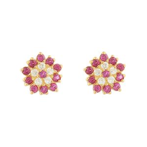 Brinco Flor Rubis Sintéticos e Zircônias Ouro 18k 750