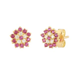 Brinco Flor Rubis Sintéticos e Zircônias Ouro 18k 750