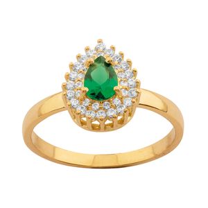 Anel Gota Esmeralda Sintética com Zircônias Ouro 18k 750