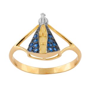 Anel Nossa Senhora Aparecida Safiras Sintéticas Ouro 18k 750