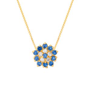 Gargantilha Flor Safiras Sintéticas e Zircônias Ouro 18k 750