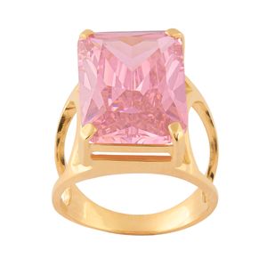 Anel Retangular Zircônia Rosa Ouro 18k 750