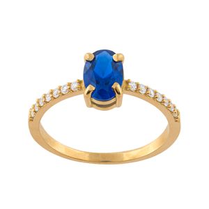 Anel Safira Sintética Oval com Zircônias Ouro 18k 750