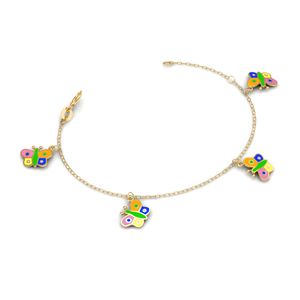 Pulseira Infantil Borboletas Coloridas Ouro 18k 750