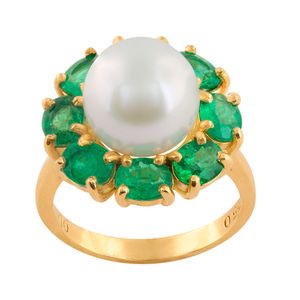 Anel Pérola Esmeraldas Ouro 18k 750
