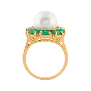 Anel Pérola Esmeraldas Ouro 18k 750