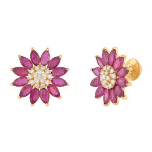 Brinco Flor Rubis e Diamantes Ouro 18k 750