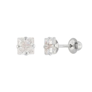 Brinco Infantil Carre Zircônia 4mm Ouro Branco 18k 750