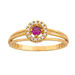 Anel Formatura Redondo Rubi Sintético e Zircônias Ouro 18k 750