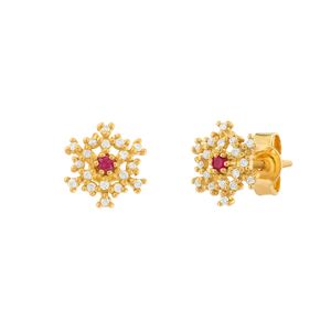 Brinco Flor Rubis e Diamantes Ouro 18k 750