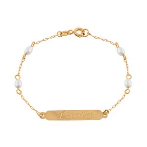 Pulseira Infantil Chapa Personalizável Pérolas Ouro 18k 750