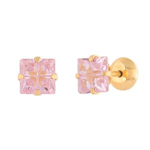 Brinco Infantil Carre Zircônia Rosa 4mm Ouro 18k 750
