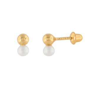 Brinco Infantil Bola com Pérola 3mm Ouro 18k 750
