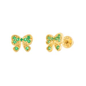 Brinco Lacinho Esmeraldas Sintéticas Ouro 18k 750