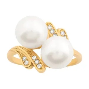Anel Duas Pérolas com Diamantes Ouro 18k 750