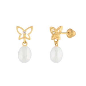 Brinco Infantil Borboleta Pérolas Diamantes Ouro 18k 750