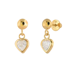 Brinco Infantil Coração Pendente Zircônias Ouro 18k 750