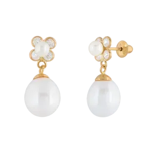 Brinco Flor Zircônias e Pérolas Ouro 18k 750