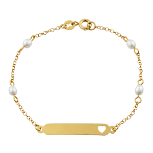 Pulseira Infantil Chapa Personalizável Elos Pérolas Coração Ouro 18k 750